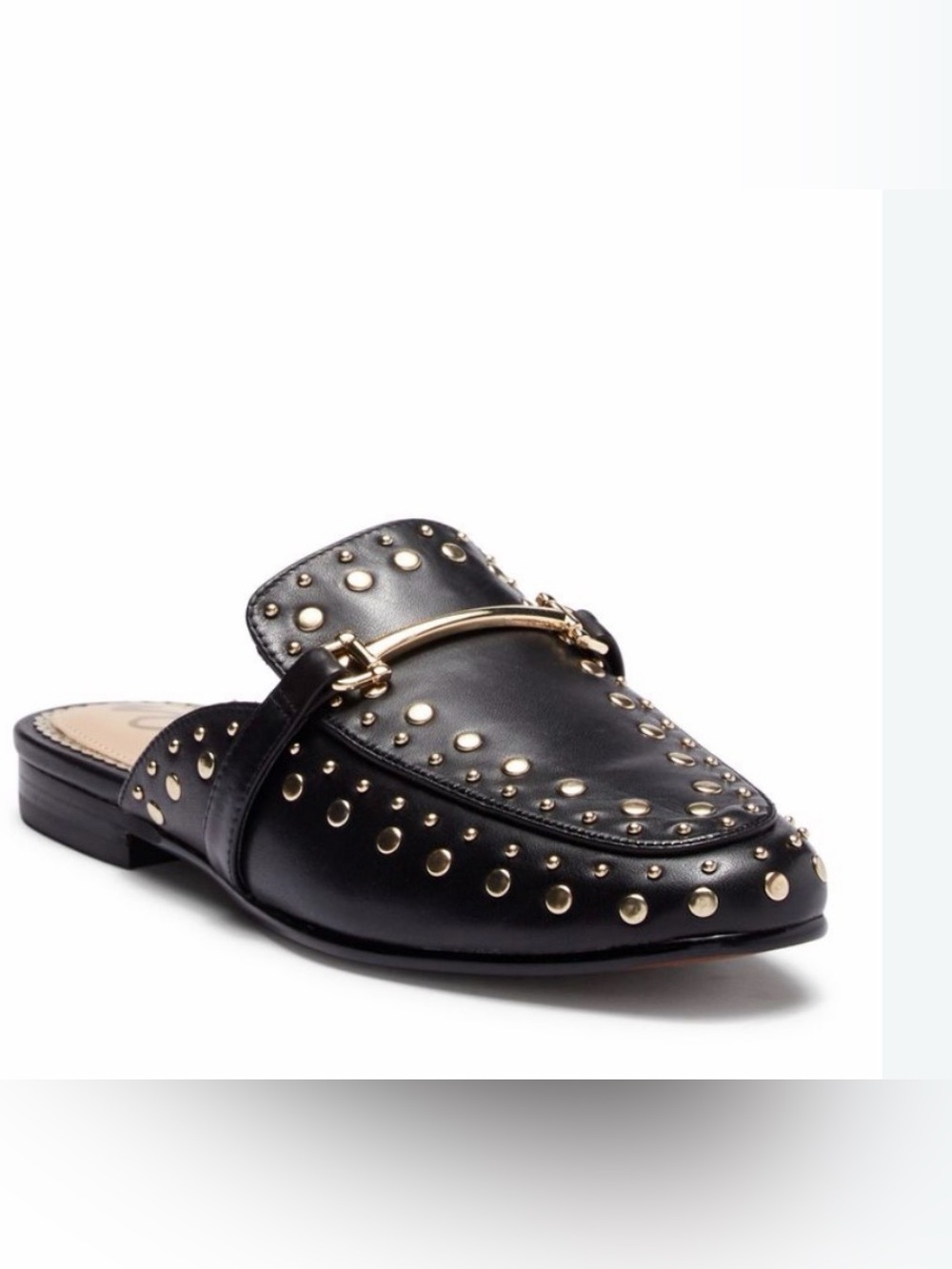 Sam Edelman Marilyn  7.5m Black Leather Gold Studded Horsebit Flat Mules